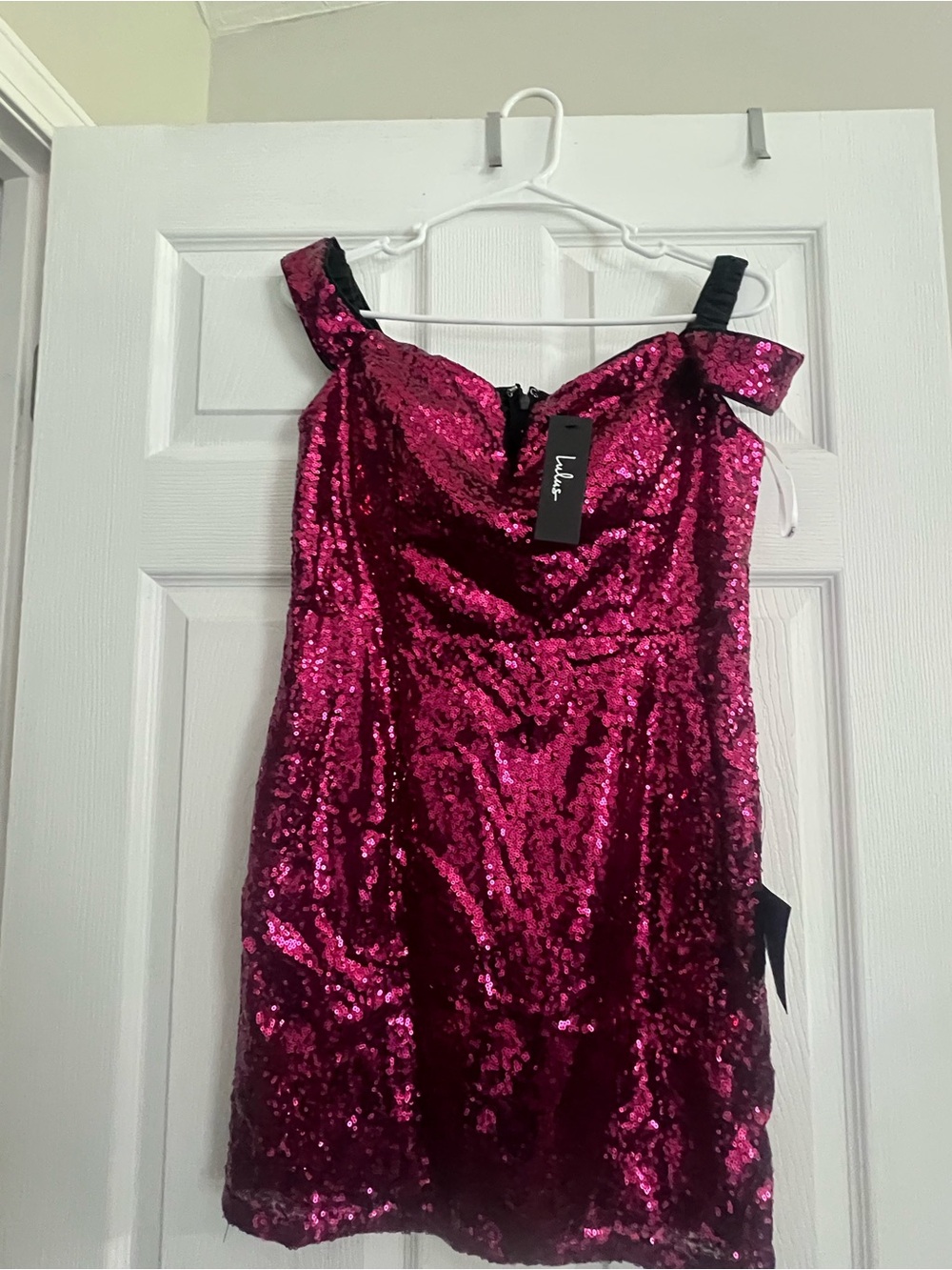 Lulu's Fuchsia Sequin Off-Shoulder Mini Dress